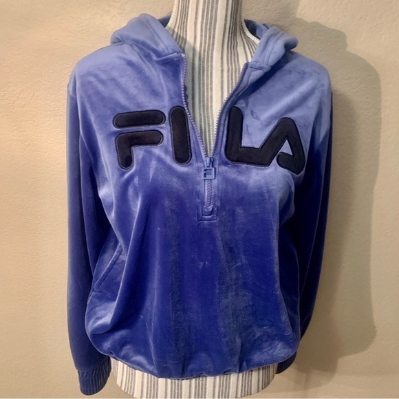 FILA Velour Hoodie Sweatshirt Medium Quarter-Zip Pockets Elastic Waist & Cuffs - Picture 13 of 15